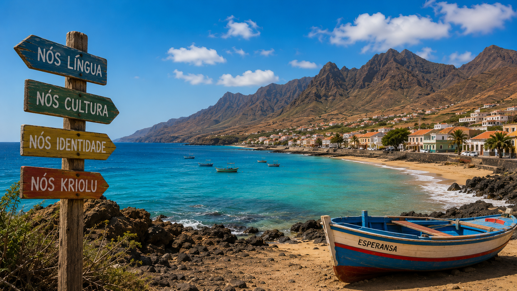 A Cape Verde shoreline with a signpost reading Nós Língua, Nós Cultura, Nós Identidade, Nós Kriolu