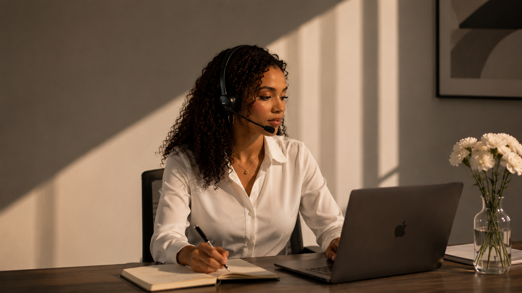 Interpreter wearing a headset during a live video interpretation session